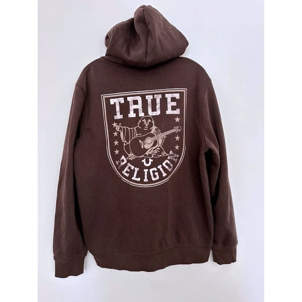 True Religion Mens Metallic Buddha Star Zip Hoodie Brown Sweatshirt XL